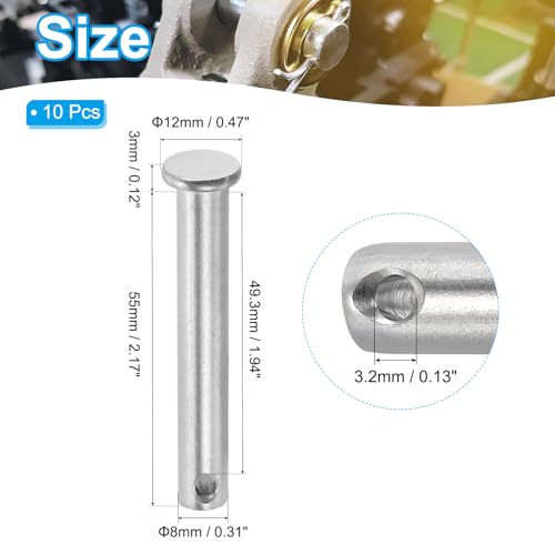 PATIKIL 8 x 55 mm Single Hole Clevis Pins, 10 Pcs 304 Stainless Steel Flat Head Pin for Hitch Pin Lock Link Hinge Systems, Silver - size: 8 x 55 x 49.3 mm