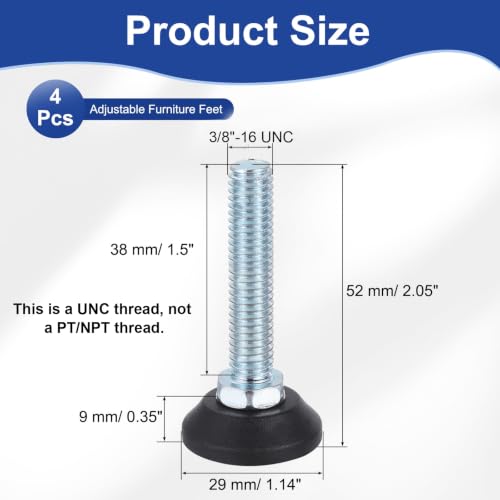 uxcell 3/8"-16 Thread Furniture Feet Levelers, 4Pcs 38mm l Adjustable Furniture Feet Screw in Threaded Leveling Leg Screw on Chair Foot Glides Leveling for Table Chair Cabinet Black - size: 3/8"-16 38mm