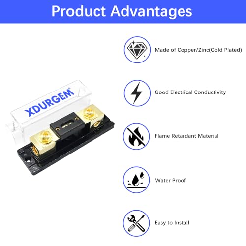 0/2/4 Gauge AWG in Line ANL Fuse Holder with 500 Amp Fuse,Gold-Plated,for Automobiles, Trucks,Ships,Etc - size: 500A