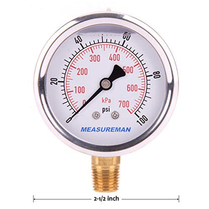 MEASUREMAN Pressure Gauge 1/4 NPT, 0-100psi/kPa Glycerin Filled Pressure Gauge with 2.5 Inch Dial Size and 304 Stainless Steel Case (0-100 psi, Lower Mount) - size: 0-100 psi, style: Lower Mount
