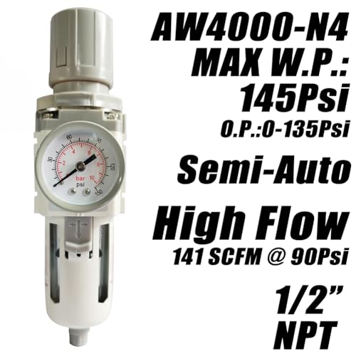 1/2" NPT Air Filter Pressure Regulator Combo Water Separator for Air Compressor Line Semi-Auto Drain 5 Micron Brass Element 0-150 psi Gauge - size: 1/2" NPT
