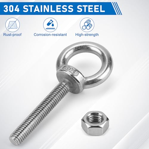 2 Pack M12 Eye Bolts, 2" Thread Length Stainless Steel with Nuts - size: M12*50