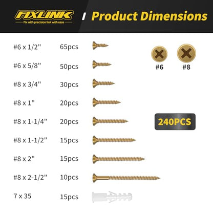 240PCS Wood Screws Assortment Kit, FIXLINK Zinc Coated Flat Head Screws Set - color: Yellow Zinc