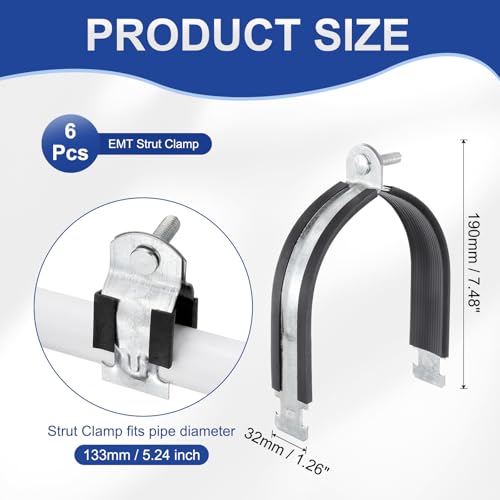 HARFINGTON 6pcs Rubber Cushion Strut Clamp 5-1/4" Universal Carbon Steel Strut Clamps with Bolt and Nut for Copper PEX Pipes CVPC Tubing, Silver Black - size: 5-1/4"