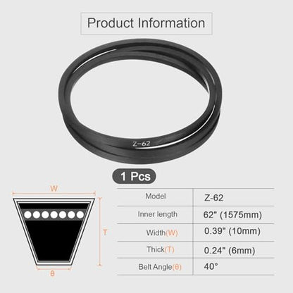 HARFINGTON Z-62 Z Type V-Belt 1575mm/62 Inner Length x 0.39" Width x 0.24" Height, Z-Type Closed-Loop Rubber Transmission Belt - size: Z-62