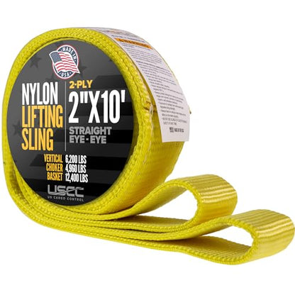 US Cargo Control Nylon Lifting Sling 2" x 10', 2-Ply Eye to Eye Slings (Made in USA) - 4,960 LBS Choker, 6,200 LBS Vertical, 12,400 LBS Basket Capacity - Lift Straps for Lifting & Rigging - size: 2in x 10ft (2-Ply)
