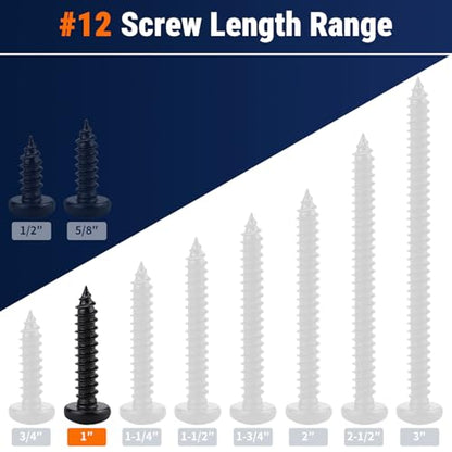 #12 x 1 (50 Pack) Stainless Steel Pan Head Self Tapping Screws, 304 SS (18-8) Black Coated, Phillips Drive Round Head Corrosion Resistant Screws for Wood & Sheet Metal - size: #12 x 1"