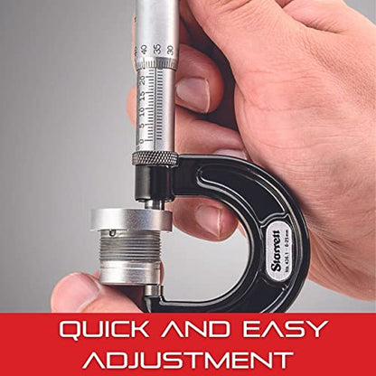 Starrett Outside Micrometer with One-Piece Spindle, Satin Chrome Finish and Advanced Sleeve Design - Quick and Easy Adjustment, 0-1" Range, .001" Graduation - 436.1XRL-1