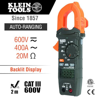 Klein Tools CL120 Digital Clamp Meter, Auto-Ranging 400 Amp AC, AC/DC Voltage, Resistance, Continuity, Non-Contact Voltage Tester Detection - size: Clamp Meter