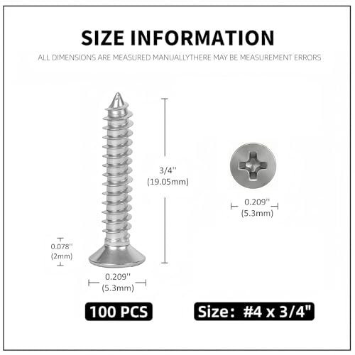 #4 x 3/4 [100 Pack] Flat Head Phillips Drive Self Tapping Screws, Sheet Metal Screws, 304 Stainless Steel (18-8), Corrosion Resistant Screws for Wood, Sheet Metal and More - size: #4 x 3/4