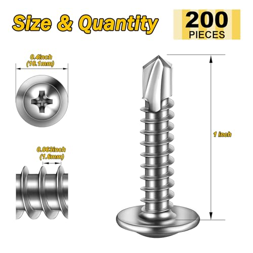 Mywish 200pcs #10×1" Self Tapping Screws for Metal, 410 Sheet Metal Screws, Stainless Steel Self Tapping Screws Truss Head Self Drilling Screws High-Strength Quick Tapping Screws - color: Silver, size: #10x1" (200 pcs)