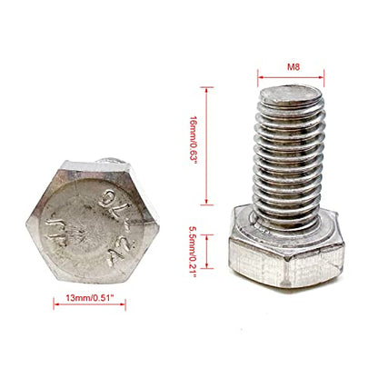 M8 Hex Bolt, M8-1.25 x 16mm Hex Head Screw Bolts, 304 Stainless Steel, Fully Threaded, Plain Finish, Hex Tap Bolts 20Pcs (M8x16mm) - size: M8x16mm
