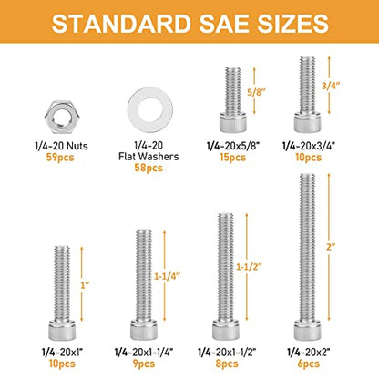 1/4-20 Hex Socket Head Cap Screw, VIGRUE 175PCS UNC Hexagon Bolts Washers Nuts Assortment Kit Machine Screws Set Stainless Steel 18-8 (304), Length from 5/8" to 2" - size: 175PCS 1/4-20 Socket Head