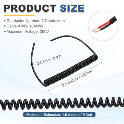 MECCANIXITY 5ft 18AWG Retractable Coiled Coil Cord 300V 105℃ 2 Conductor - size: 5ft x 18AWG, 2 Conductor