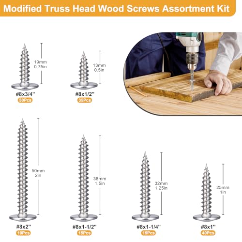 VGBUY 165Pcs #8 Modified Truss Head Wood Screws Assortment Kit, Stainless Steel 410 Quick Metal Self Tapping Screws, 6 Sizes (1/2", 3/4", 1", 1-1/4", 1-1/2", 2") - color: Silver