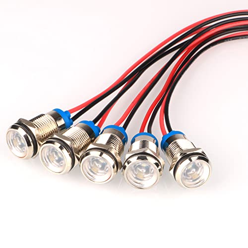 Gebildet 5pcs AC/DC 12-24V White 10mm Energy-Saving LED Metal Indicator Light Waterproof Signal Lamp with Wire - color: White 12-24V