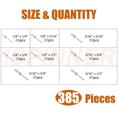 ISPINNER 385pcs 8 Sizes Aluminum Blind Rivets, Pop Rivets Assortment Kit (Silver)