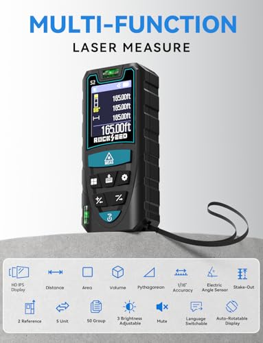 Laser Measuring Tool 165ft, RockSeed Laser Measure with Rotatable HD IPS Color Screen, 12 Measurement Modes, 3 Leveling Modes, 5 Units Switchable, for Stake Marking/Distance/Area/Volume - color: Red Laser