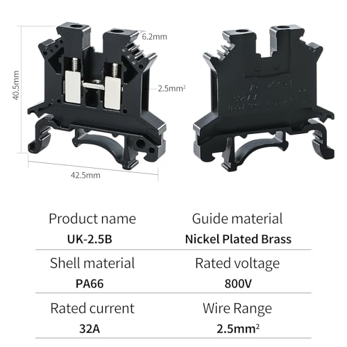 100PCS UK-2.5B Din Rail Terminal Block - Insulation Material Shell, Wide Application for 12-22 AWG 20A 600V Soar Project, PLC Industrial Control Automation Panel Automotive RV - Black - color: 100pcs Black