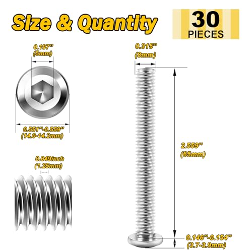 Mywish M8 x 65mm 30Pcs Silver Flat Head Hex Socket Cap Screws Bolts, 304 Stainless Steel Furniture Bolts Full Thread & Hex Spanner - color: Silver-M8, size: 65mm