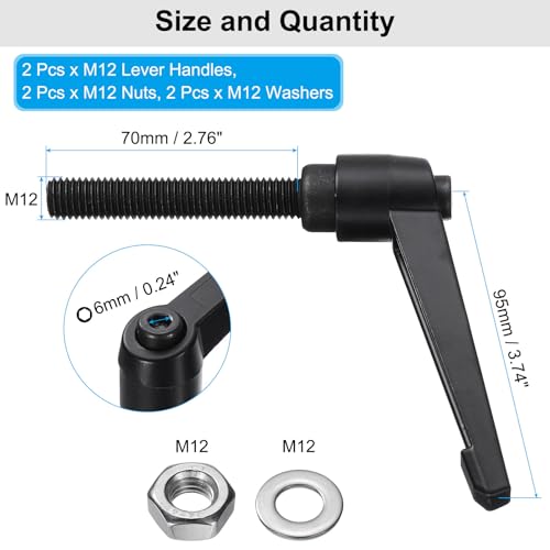 uxcell 2pcs Lever Adjustable Handles M12 x 70mm Metric Male Thread with Nuts Washers, Level Clamping Handle Set Hand Stud Knobs Rotating Screw Handles Bolts with Locking Lever, Black - size: M12 x 70mm