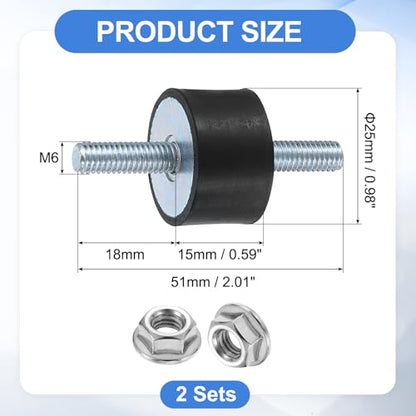 uxcell 2Pcs M6 x 18mm Rubber Mounts, 15 x 25mm Cylindrical Anti Vibration Isolator Studs Shock Absorber Double Studs with Nuts for Car Bobbin Generator Air Compressors - size: M6 x 18mm, 15 x 25mm