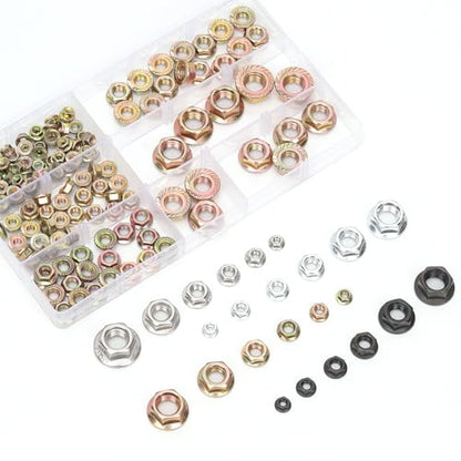 150Pcs 304 Stainless Steel Hex Flange Nuts Assortment Kit, M3 M4 M5 M6 M8 M10 6 Metric Sizes Hexagon Serrated Lock Nuts(Black)