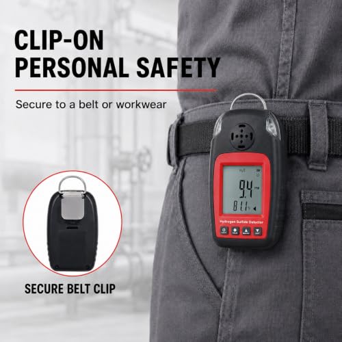 H2S Gas Detector, Portable Hydrogen Sulfide Detector Gas Leak Detectors & Alarms Electrochemical H2S Monitor Meter Single Gas H₂S Sensor Poisoning Alarm with Clip and LCD Screen Backlight