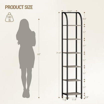 Hzuaneri Bookshelf Narrow Bookcase, Tall Storage Rack with Steel Frame - color: Greige, size: 11.8 × 13.2 × 71.9 inch