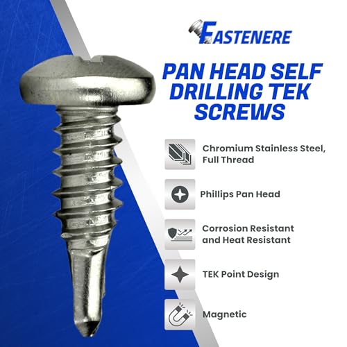 Fastenere Pan Head Self Drilling Tek Screws - #8 x 1/2" (100 Pack) Stainless Steel 410, Full Thread, Bright Plain Finish, Corrosion-Resistant, Self-Drilling, Easy to Install w/Phillips Drive Size #2 - size: #8 x 1/2" (100 Pack)