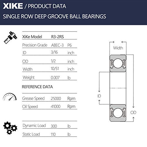 XIKE R3-2RS Sealed Deep Groove Ball Bearings, 4.763x12.7x4.978 mm, 10-Pack - size: R3-2RS - 4.763x12.7x4.978 mm
