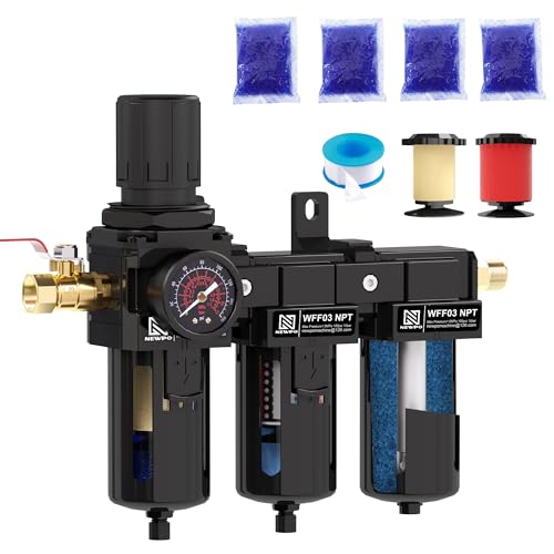 NEWPO 3/8" NPT 3 Stage Air Dryer for Compressor, Air Drying System with 5＆0.01 Micron Filter Cartridge，Desiccant Dryer & Air Regulator, Metal Bowl Semi-Auto Drain - size: 3/8'' NPT, style: 3 Stage(2Filter+1Dryer))