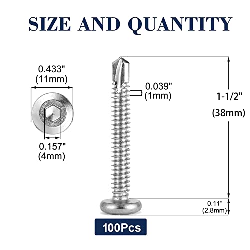 #12 x 1-1/2" Sheet Metal Screws 100Pcs 410 Stainless Steel Flat Head Socket Cap, Tek Self Tapping Screws With Allen Socket Drive by SG TZH - size: #12 x 1-1/2"