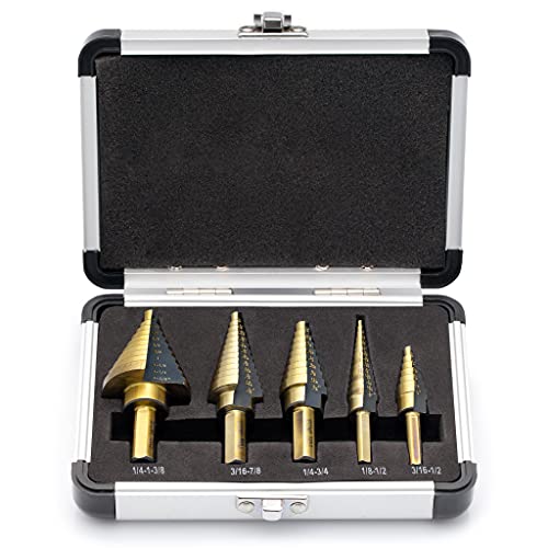 5 Piece SAE Multiple Hole 50 Sizes HSS Step Drill Bit Set with Aluminum Case | Stepped Drill Bit | Cone Drill Bit | Step Bit Set | Multiple Hole Drill Bit | Drill Step Bit - SDS5SAE