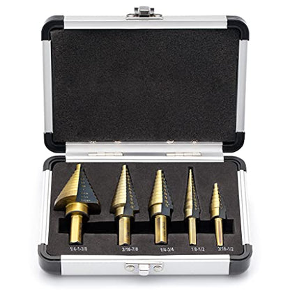 5 Piece SAE Multiple Hole 50 Sizes HSS Step Drill Bit Set with Aluminum Case | Stepped Drill Bit | Cone Drill Bit | Step Bit Set | Multiple Hole Drill Bit | Drill Step Bit - SDS5SAE