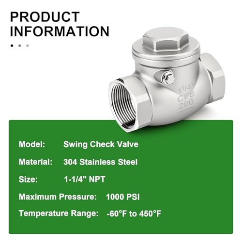 TAISHER 1PCS 304 Stainless Steel 1-1/4" NPT Female Swing Check Valve，Backflow Prevention, One Way Check Valve CF8 WOG 1000 - size: 1-1/4" NPT