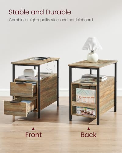 VASAGLE Side End Table with Charging Station, Slim Nightstand with Storage - color: Turquoise Brown + Ink Black, size: 23.6"D x 11.8"W