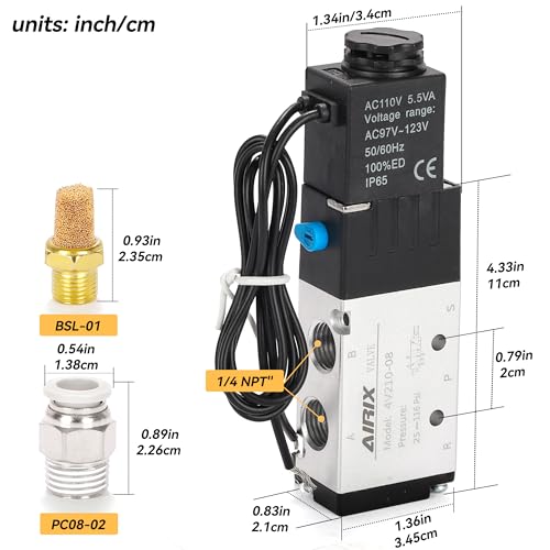 1/4" NPT Solenoid Valve 4V210-08, 5-Way 2-Pos, AC 110V, Out-of-Line - size: NPT1/4″, style: AC110/Out of line
