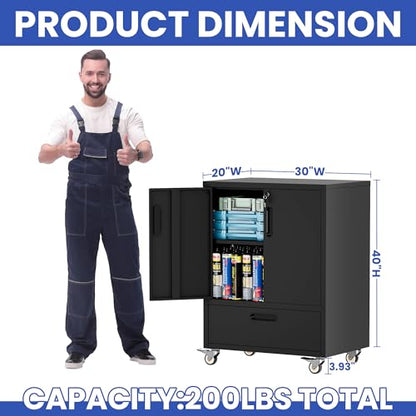 Metal Rolling Tool Storage Cabinet with 2 Locking Doors and 1 Drawer,Black - color: Black, style: 2 doors 1 drawer with wheels