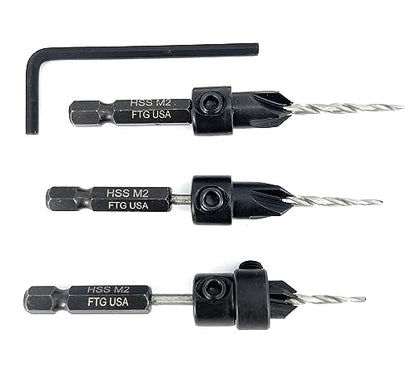 FTG USA #4 (7/64") Wood Countersink Drill Bit 3-Pc Set with 3/8" Depth Stop - size: #4, style: 3 Pc with Depth Stop