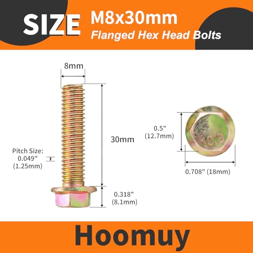 M8 x 30mm 20pcs Heavy Duty Flanged Hex Head Bolts, Flange Hexagon Head Screws, 10.9 Grade Alloy Steel, Yellow Zinc Plated, Metric Fully Thread - size: M8 x 30mm(20pcs)