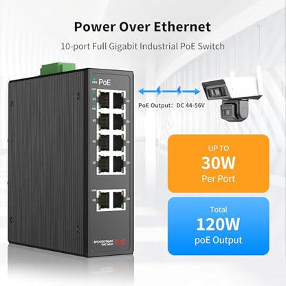 Industrial 8-Port Full Gigabit POE+ Switch with Industrial DIN-Rail Power Supply, 2 Gigabit Uplink Port, Total 120W Budget, DIN-Rail POE Switch for IP Cameras, VoIP Phones, Wireless APs