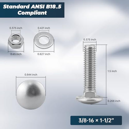 3/8-16 x 1-1/2 Inch Carriage Bolt Kit, 304 Stainless Steel (18-8) with Hex Nuts & Flat Washers - 16 Sets, Round Head Square Neck, Full Thread Coverage by Glvaner - size: 3/8-16 x 1-1/2"