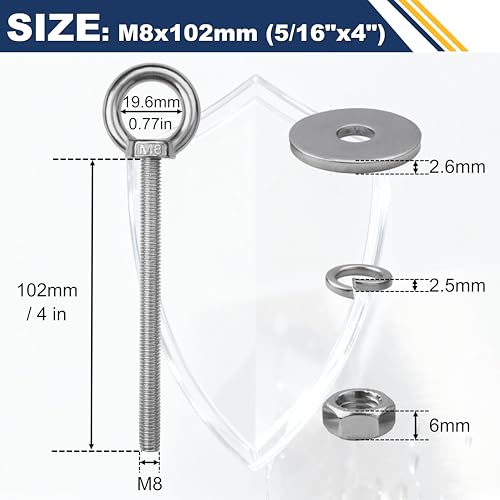 4 Pack M8 Stainless Steel Eye Bolts with Nuts,5/16" x 4" Eye Bolts - size: M8x102mm (5/16"x4")