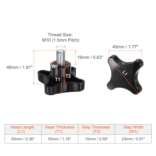 HARFINGTON 2pcs Star Knobs M10 x 16mm Male Thread Plastic 4-Star Stud Knob Hand Tightening Clamping Screw Replacement Threaded Handle, Black - size: M10 x 16mm