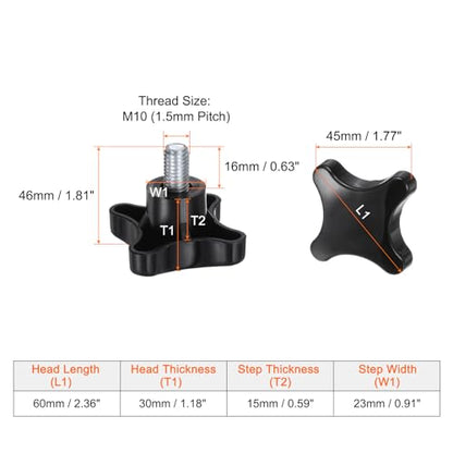 HARFINGTON 2pcs Star Knobs M10 x 16mm Male Thread Plastic 4-Star Stud Knob Hand Tightening Clamping Screw Replacement Threaded Handle, Black - size: M10 x 16mm
