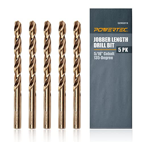 POWERTEC 5/16" Cobalt Drill Bits - 5 Pack - 4-1/2" Length - M35 HSS Jobber Length Twist Bits with 135° Tip for Drilling Wood, Metal, Stainless Steel, Nickel Alloy, Cast Iron & Plastic (QDB2019) - style: 5PK 5/16" Cobalt Drill Bit (4-1/2" L)