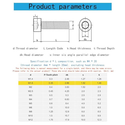 M1.6-0.35 x 3mm Socket Head Cap Screws Metric, Hex Socket Screw, Allen Socket Drive, 304 Stainless Steel (A2-70), Full Thread, Bright Finish, Machine Thread, DIN912,100 Pcs - size: M1.6-0.35 x 3mm（100 Pcs）