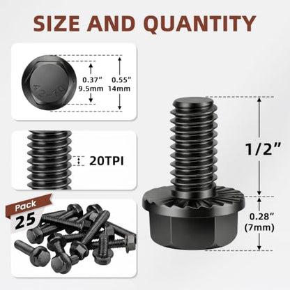 Mellewell 1/4-20 x 1/2" Flanged Hex Head Bolts Flange Hexagon Screws, Stainless Steel A2 Black Finish, DIN 6921, 25 PCS - color: Black, size: 1/4-20 x 1/2"
