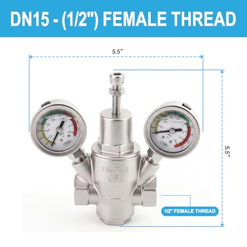 MEANLIN MEASURE 1/2" Piston Water Pressure Reducing Valve, DN15, 304 Stainless Steel Adjustable Pressure Regulator with Dual 0-220 PSI Gauges, for Home Plumbing, Industrial Water Pipe System
